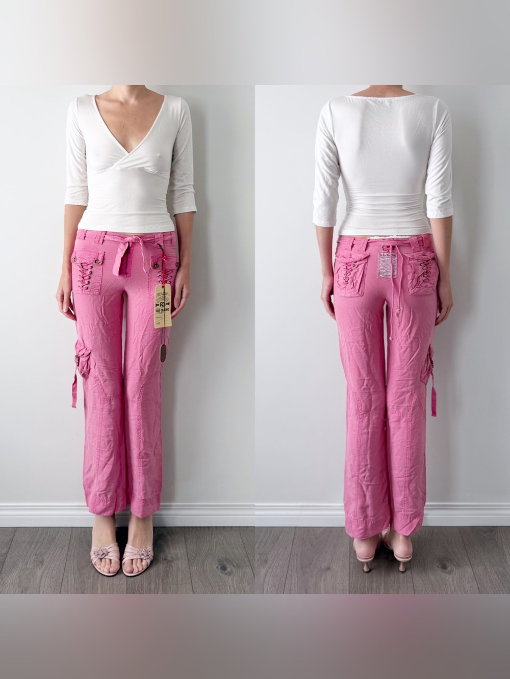 Vintage Da-Nang Pink 100% Silk Lace-Up Cargo Flared Trousers